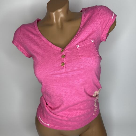 Vintage Y2K Roxy Surf Baby T Shirt Top XXS Graphic Surfer Skater Buttons Pink - Picture 2 of 9